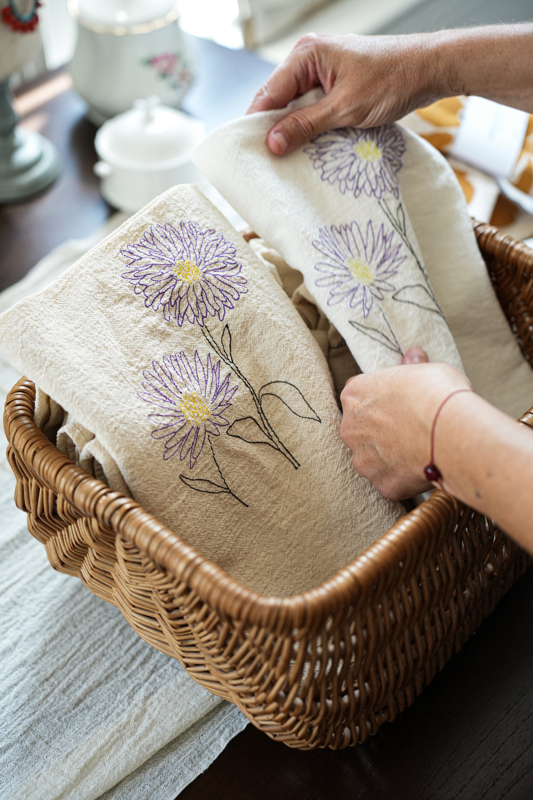 Aster Embroidered Flour Sack Dish Towel