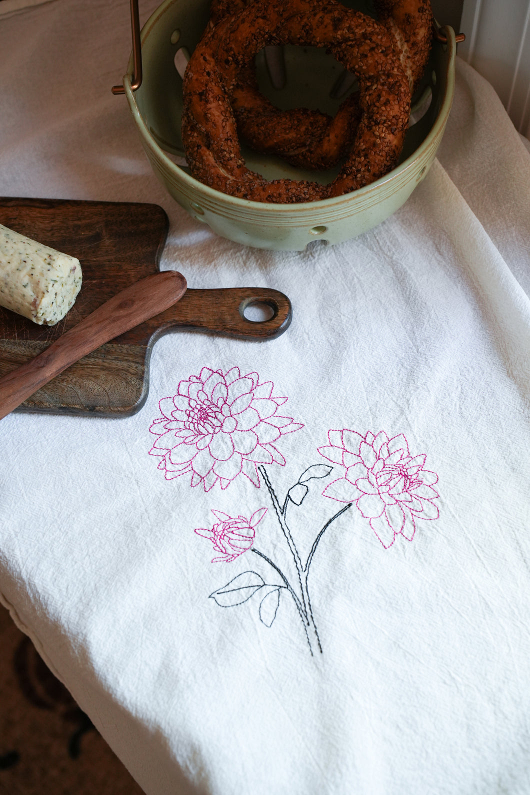 Dahlia Embroidered Flour Sack Dish Towel